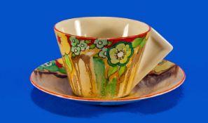 Clarice Cliff Art Deco Hand Painted Conical Cup and Saucer. ` Jonquill ` Pattern. c.1935.