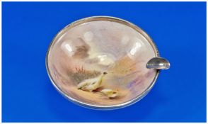 Royal Worcester Hand Painted Silver Rimmed Ashtray. Hallmark London 1912, the painted central panel