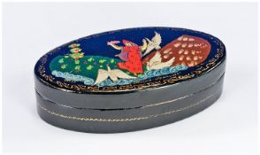 Fine Quality Russian Lacquered Oval Shaped Box. Beautifully painted and illustrated to the front