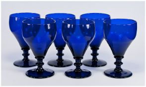 A Rare Set of Six Antique Bristol Blue Rummers of Large Size on Baluster type Knopped Stems. All in