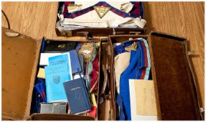 Masonic Interest, Three Leather Cases Containing A Collection Of Masonic Regalia, Booklets, Cuffs,