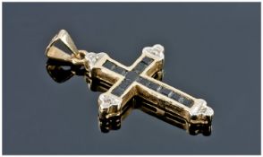 9ct Gold Pendant Cross, Set With Calibre Cut Sapphires And Diamond Terminals, Fully Hallmarked,