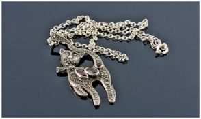Silver Marcasite Pendant, Modelled In The Form Of A Cat, Set With Three Red Stones And Marcasites,
