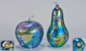 John Ditchfield Signed, Quality Iridescent Glass, Fruit Shape, Multi Coloured Paperweights in pear