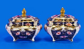 Royal Crown Derby Fine Pair of Imari Persian Style Shaped Lidded Jars. Date 1917`s. Each jar 3.25