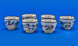 Cantonese - 19th Century Set of Six Enamel Miniature Saki Export Cups. c.1820-40. Decorated with