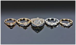 Five Various 9ct Gold Diamond Dress Rings, 4 yellow and 1 white gold(5)