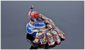 Modern Enamelled Box, Of Circular Form, Hinged Lid, Surmounted With A Peacock,