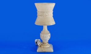 Contemporary Alabaster Table Lamp, with waisted shade and a band of foliage to centre, raised on a