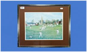 Tom Dodson Colour Print, entitled `The Cricket Match`, framed, 10 by 14 inches.