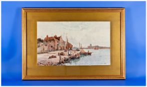 Framed Print, After Stuart Lloyd. Dated 1904. `Boats at shore`. 18 by 11 inches. Gilt frame.