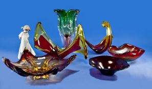Collection Murano Style Glassware, comprising three dishes, tall vase and two centrepieces, mainly