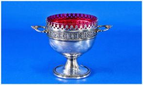 Small Silver Plated Two Handled Pedestal Bowl, with a ruby glass interior, AF, the bowl with