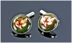 Gents Set Of Silver Cufflinks, Of Circular Form With Chain Links, The Fronts Showing An Image Of