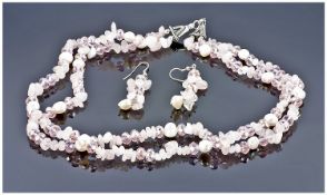 Rose Quartz, Freshwater Pearl and Pink Crystal Necklace and Earring Set, two strands held by two