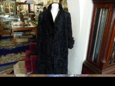 Black Astrakhan Full Length Coat with Mink Collar, luxuriously glossy fur with black, narrow, stand