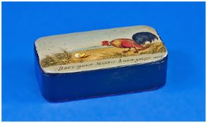 George III - Comical Hand Painted Papier Mache Lidded Snuff Box. Painting of cockerel and chick to