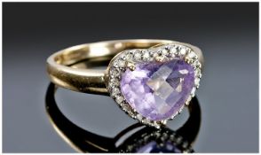 Ladies 9ct Gold Heart Shaped Diamond and Amethyst Dress Ring, fully hallmarked.