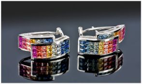 Pair F Ladies 9ct White Gold Earrings, Set With Rows Of Multi Coloured Princess Cut Sapphires,