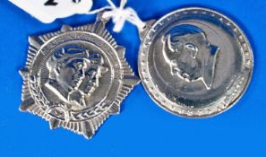 Two Chinese Mao Zedong Silver Medals, With Raised Character Marks To Reverse. Approx 42mm Diameter.