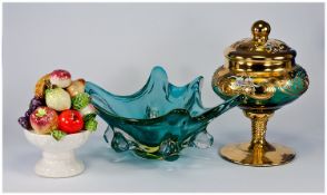 Late 20th Century Studio Art Glass Shaped Bowl, in teal, an Italian lidded vase and cover with gilt
