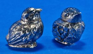 Sampson Mordan & Co, Pair Of Silver Salts In The Form Of Two Small Birds. Hallmark Chester 1905.