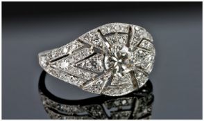Platinum Diamond Cluster Ring, Central Round Modern Cut Diamond, Surrounded By Smaller Round