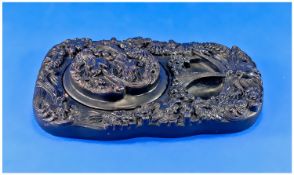 Oriental Inkstand, red/black painted, moulded, plaster/composition with design of dragons breathing