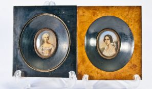 Fine Pair Of 1920`s Miniature Portraits On Ivory. French beauties, measurements including frames: