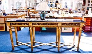 A Large 8 Leg Carved Gilt Wood Console Table with Polished Black Marble Top, The Stretcher Is of