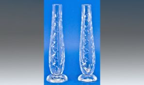 Pair of Waterford Crystal Bud Vases, simple vertical zig-zag and line pattern; 7 inches high; acid