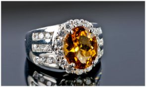 Yellow Citrine And White Sapphire Sterling Silver Ring, Oval Cut Citrine Approx 7.00cts Ring Size N