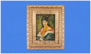 Framed Portrait, Oil on Board, gilt frame. 12 by 17.5 inches. Signed lower right. Titled `Xapa` to