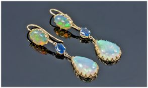 Opal And Sapphire Drop Earrings, Each Set With An Oval Opal Above A Sapphire And Pear Shaped Opal,