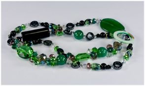 Agate, Hematite and Crystal Asymmetric Necklace, long, statement style with a variety of green and