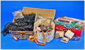Misc Lot Of Costume Jewellery And Oddments, Four Boxes Comprising Compacts, Beads, Brooches,