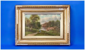 Victorian Unsigned Oil Painting, Mother & Child walking on a path towards a farmhouse. Oil on