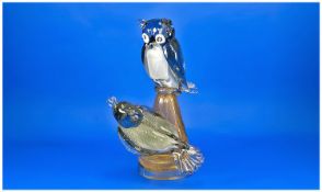 Very Unusual Large Murano Glass Bird group of 2 owls sitting on a tree stump. c 1960. 15 inches in