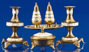 20th Century Brass and Mother of Pearl Dressing Table Set, comprising a pair of candlesticks, a