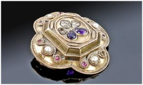 19thC Pressed Gold Brooch, With Two Central Amethyst Cabochons Above Small Rose Cut Diamonds Within