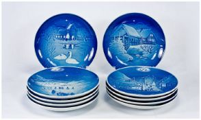 Set of 10 Copenhagan Blue and White Christmas Plates, for the years 1970 to 1979, each depicting