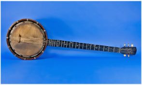 American Fine Walnut & Oak 1930`s Five String Banjo with ivory pegs and black walnut neck. Neck 25.