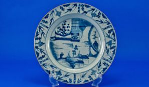 Kangxi Blue and White Plate, hand painted with a main scene of a man with walking stick, on a