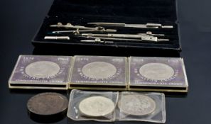 Small Mixed Lot Comprising 4 Modern Crowns, 1899 Silver Dollar, George III 1797 Twopence And A