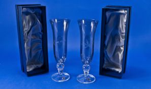 Bohemia Crystal Henry Marchant Pair of Flute Drinking Glasses, boxed.