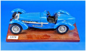 Model Bugatti Car, Painted Blue, Reg LPG 211 Raised On A Wooden Base.
