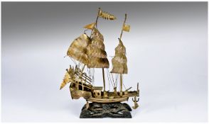 Chinese Early 20th Century Silver Model of A Junk / Boat. Raised on a Black Plinth. 800 Silver. 7.5