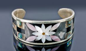 Mexican Silver Bangle, Set With Abalone & Coloured Stones.