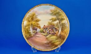 Royal Worcester Hand Painted Cabinet Plate, Signed Rushton. From The Series Cottages In