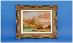 Curram 19th Century Oil on Board, castle on top of a hill overlooking a river, a view at sunset